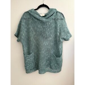 Storia Blue Green Knit Mesh Hooded Top Short Sleeve Pockets Casual Pullover‎